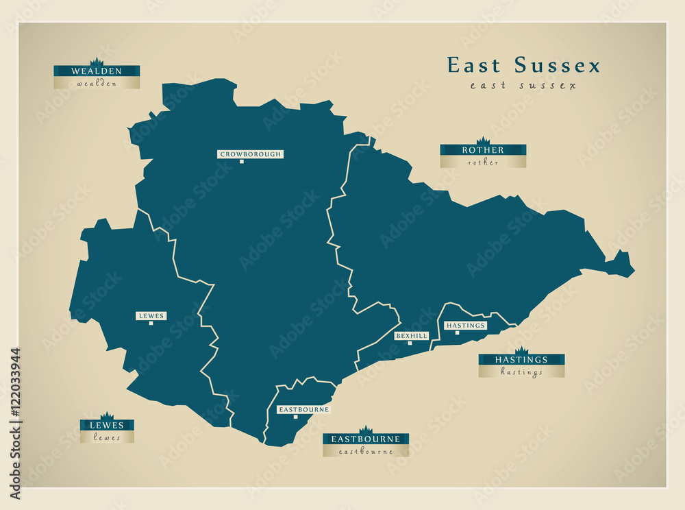 Modern Map - East Sussex county with districts detailed UK