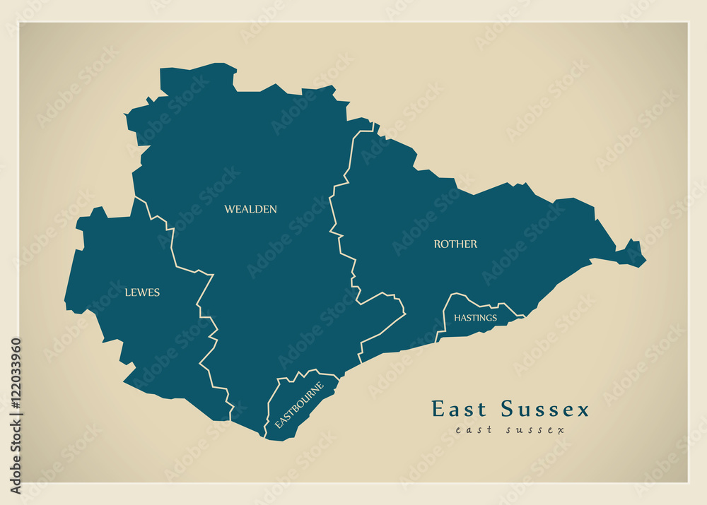 Obraz premium Modern Map - East Sussex county with districts labels UK