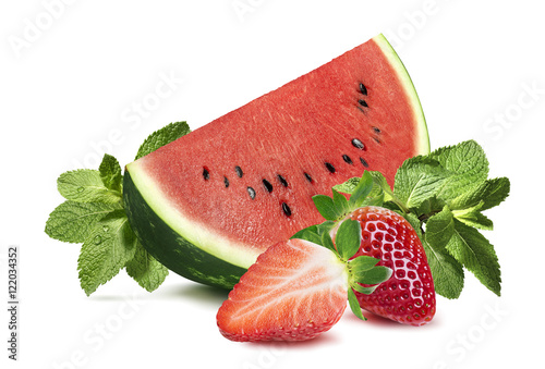 Watermelon strawberry mint isolated on white background