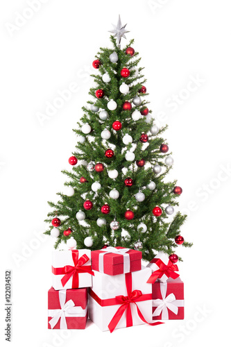 Decorated christmas tree with colorful balls and gifts isolated