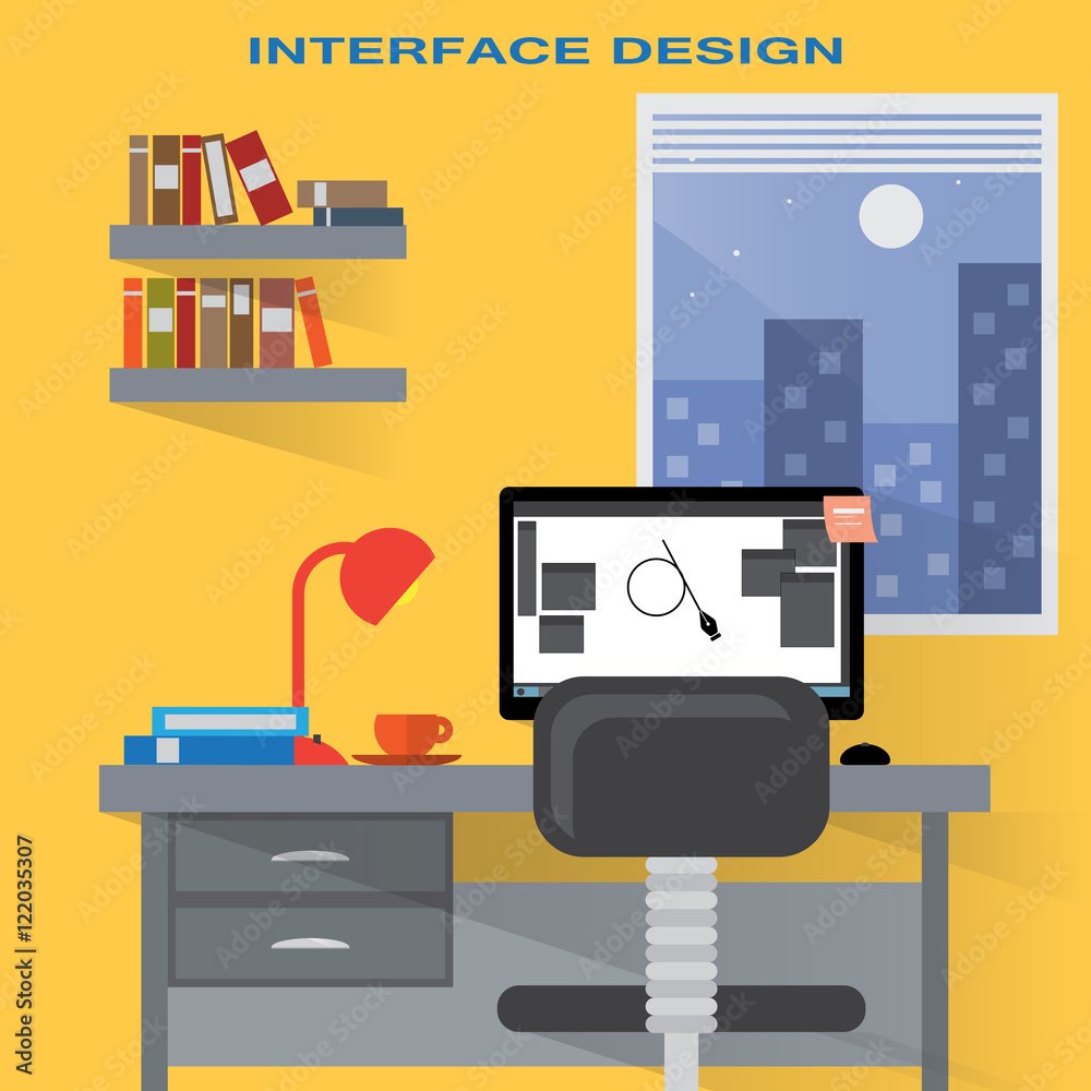 Home Designer Workplace - Vector Illustration, Graphic Design. For Web, Websites, Print, Presentation Templates, Mobile Applications And Promotional Materials