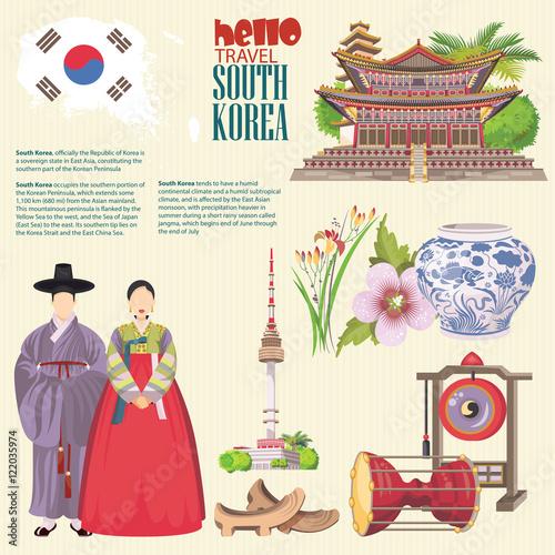 South Korea travel vecto poster with pagodas and traditional signs. Korea Journey card with korean objects.