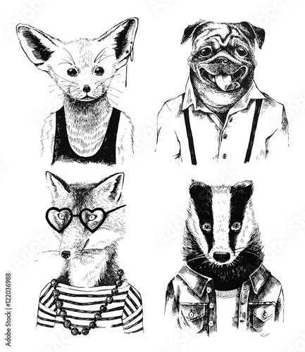 Hand drawn dressed up badger in hipster style photo