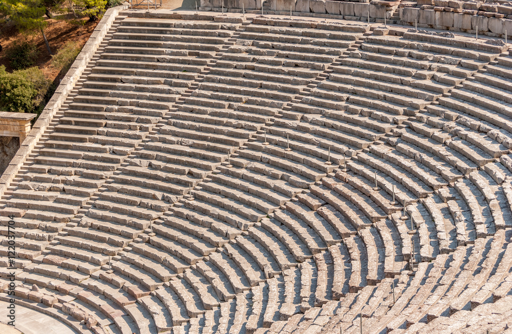 Ancient theater Epidaurus, Argolida, Greece close-up on rows