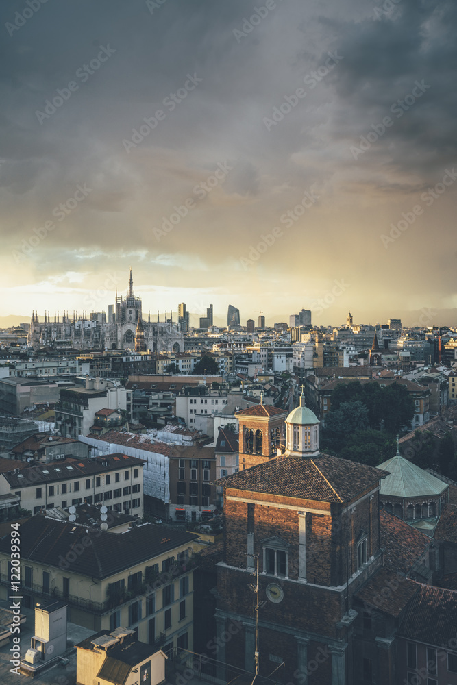 Milano, 2016 panoramic skyline with Italian Alps on Background