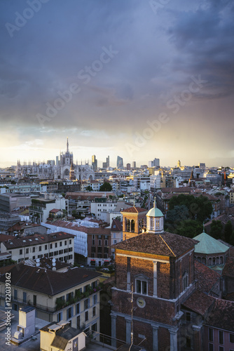 Milano, 2016 panoramic skyline with Italian Alps on Background