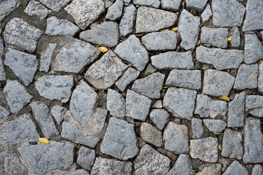 Cobble stone floor on sidewalk - texture background, focus on foreground.