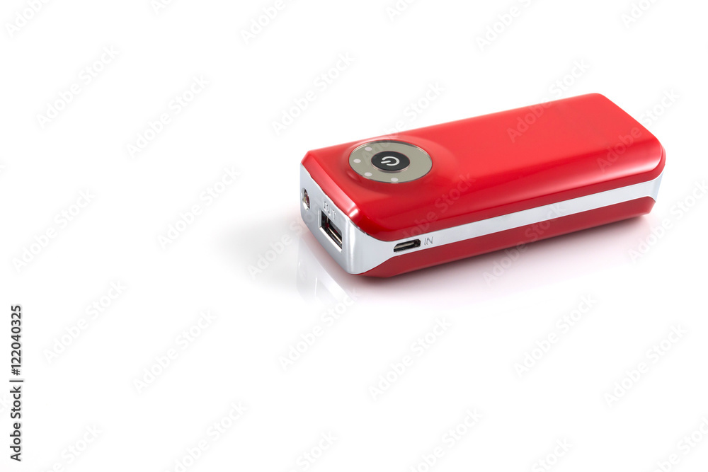 Power bank, small device that have electricity to recharge many kind of smart phone via USB on withe background Power bank, small device that have electricity to recharge many kind of smart phone via USB on withe background