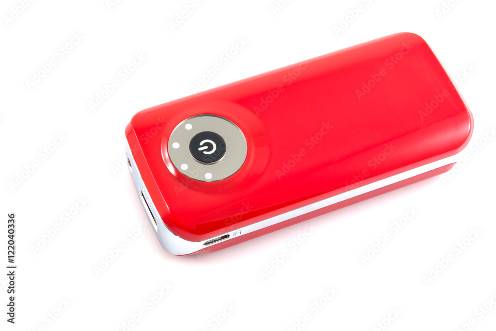 Power bank, small device that have electricity to recharge many kind of smart phone via USB on withe background Power bank, small device that have electricity to recharge many kind of smart phone via USB on withe background