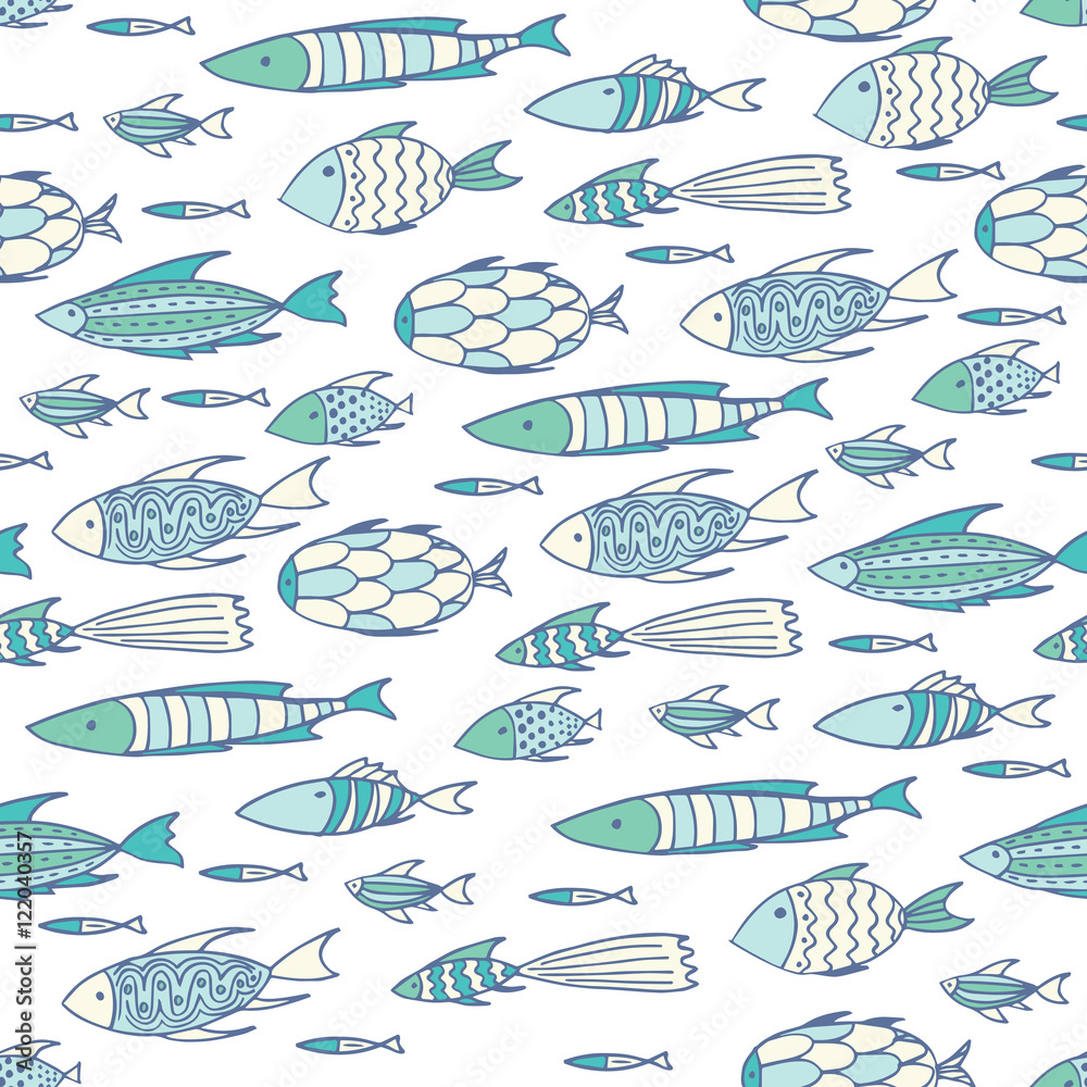 Seamless pattern with shoal of small different fishes on soft white ...