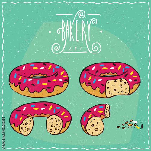 Set of pink glazed donuts in different stages of eating, New, One bite, Part of donut, One piece with crumbs. Ornate lettering bakery. Handmade cartoon style