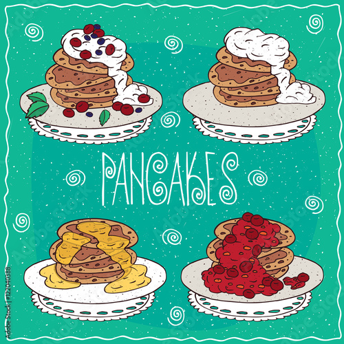 Set of different pancakes, with honey, sour cream, red berries, cherry or currant. Handmade cartoon style