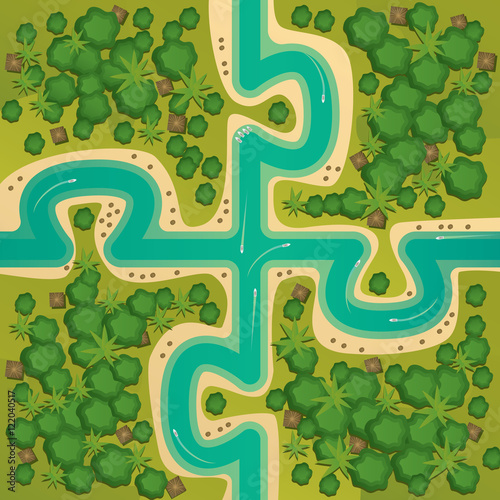Aerial view of several islands in the form of connecting puzzles. Between the islands of the river on which the floating boats. Coherent whole or single entity concept