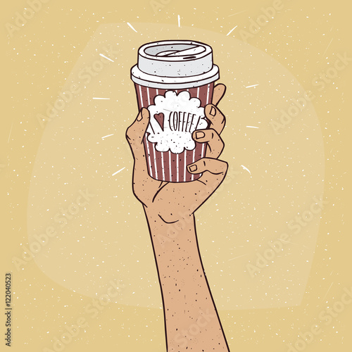 Extended upwards hand holding shiny trendy paper cup of coffee, on which the inscription I love coffee. Beige background. Handmade cartoon style
