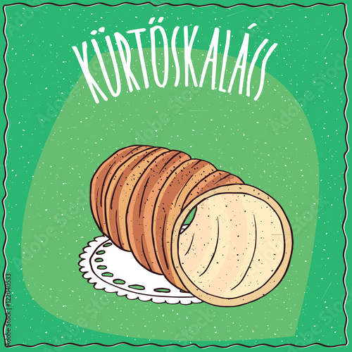 Classic Hungarian spit cake, known as kurtosh kalach, topped with powdered cinnamon. Green background and lettering Kurtoskalacs. Handmade cartoon style