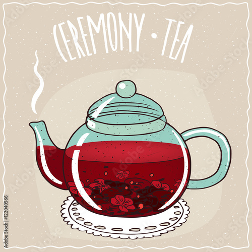 Transparent glass teapot with hot brewed hibiscus tea, lie on a lacy napkin. Beige background and ornate lettering Ceremony tea. Handmade cartoon style