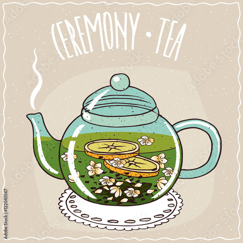 Transparent glass teapot with hot brewed tea with jasmine, lie on a lacy napkin. Beige background and ornate lettering Ceremony tea. Handmade cartoon style