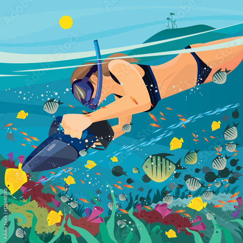 Cute girl in a swimsuit snorkeling with underwater scooter and watching coral reef. Split view of over surface and underwater - Studying marine life concept