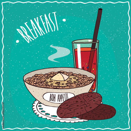 Bowl of muesli with butter, lie on lacy napkin. Near oatmeal cookies and glass of fresh juice. Cyan background and lettering Breakfast. Handmade cartoon style