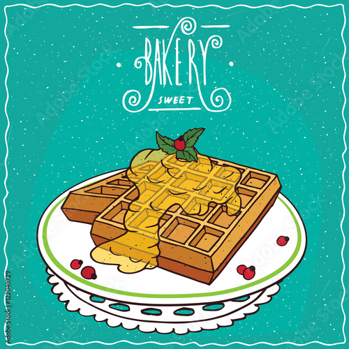 Belgian waffles with honey on plate, lie on lacy napkin. Cyan background and ornate lettering bakery. Handmade cartoon style