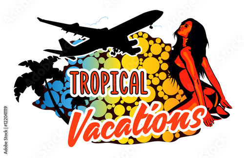 Design vector template about flight to tropical paradise with palm trees