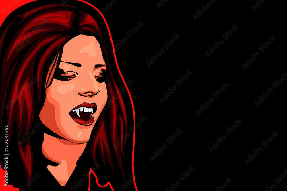 Vampire beautyful woman, red hair, open mouth, predatory vampire fang ...