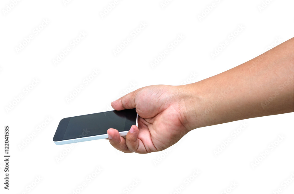 Close up hands men holdding telephone isolated on white background Close up hands men holdding telephone isolated on white background