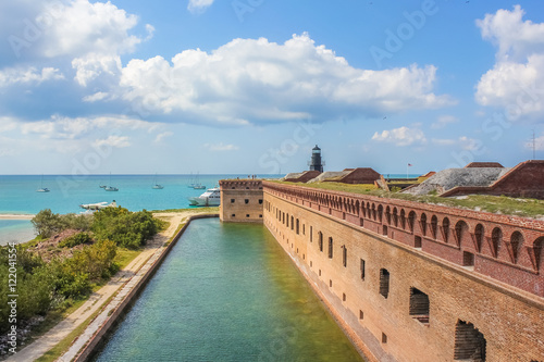 Aerial view of Fort Jefferson on the Caribbean sea of the Gulf of Mexico. Dry Tortugas National Park is 70 miles from Key West in Florida and can be reached by ferry or seaplane.