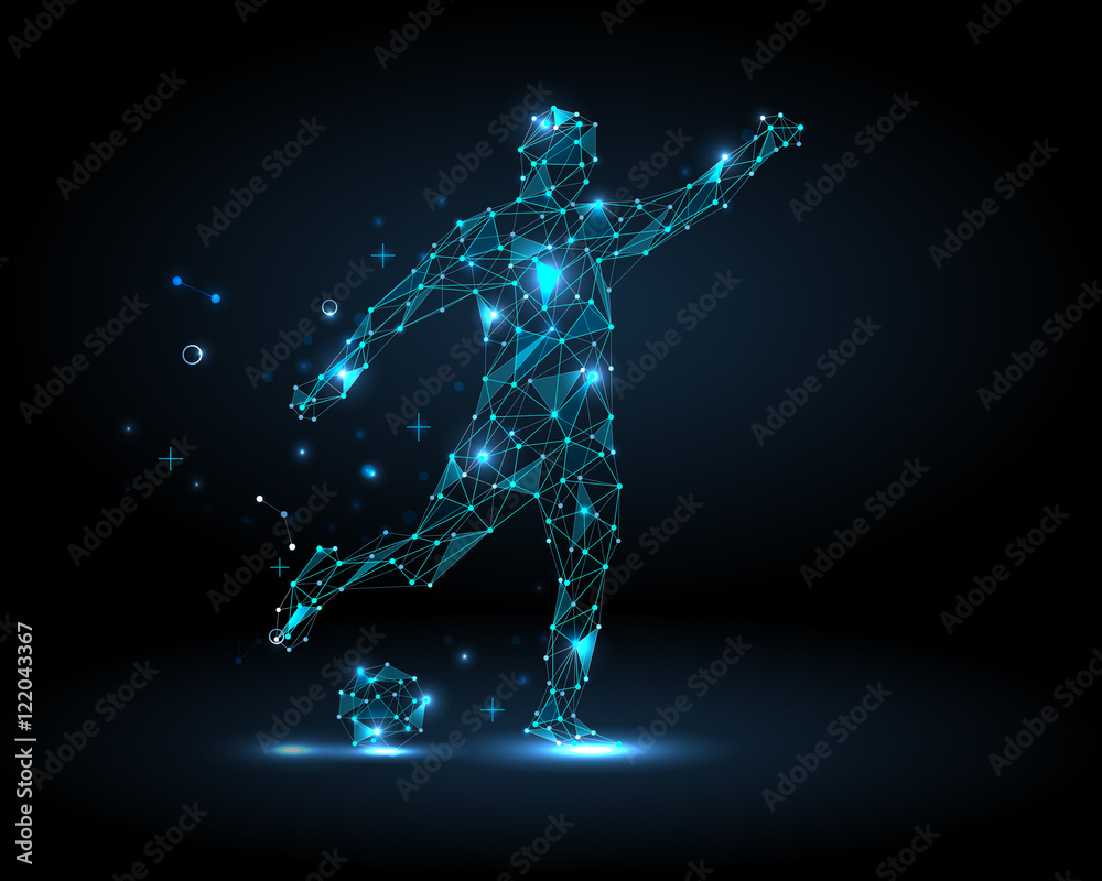 Abstract football player, kick a ball. Dots and lines connected. Sport. Vector.