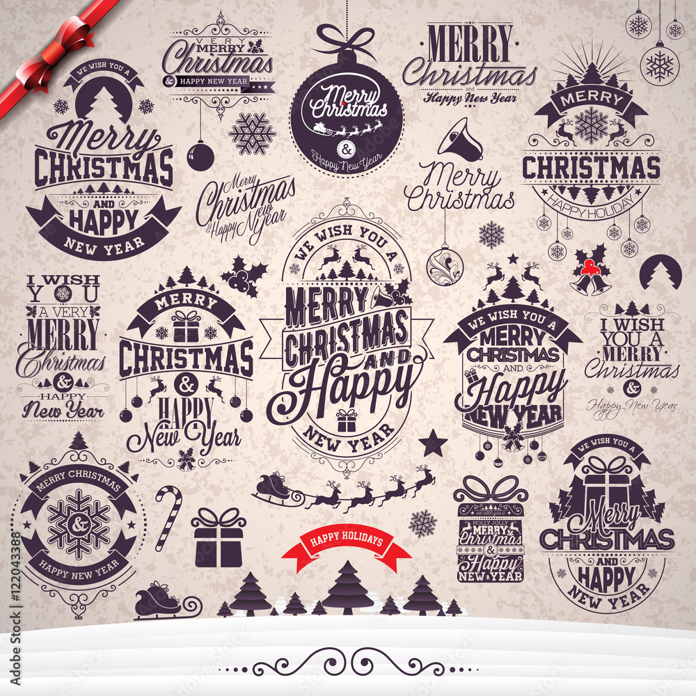 Vector Merry Christmas Holidays and Happy New Year illustration with typographic design set on winter landscape background.