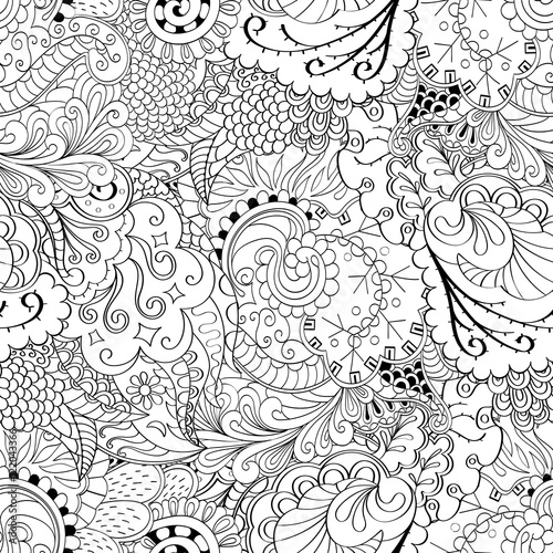 Tracery seamless calming pattern. Mehndi design. Ethnic monochrome binary doodle texture. Curved doodling black and white background. Vector.