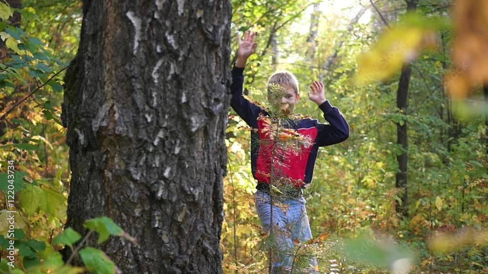 a cute child peeks from behind a tree in the Park a cute child peeks from behind a tree in the Park