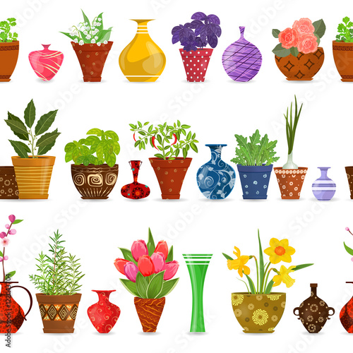 collection isolated seamless borders with herbs planted in pots,
