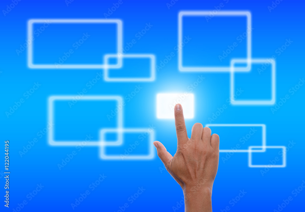 asia man hand touching the flow of several button on blue backgr asia man hand touching the flow of several button on blue backgr