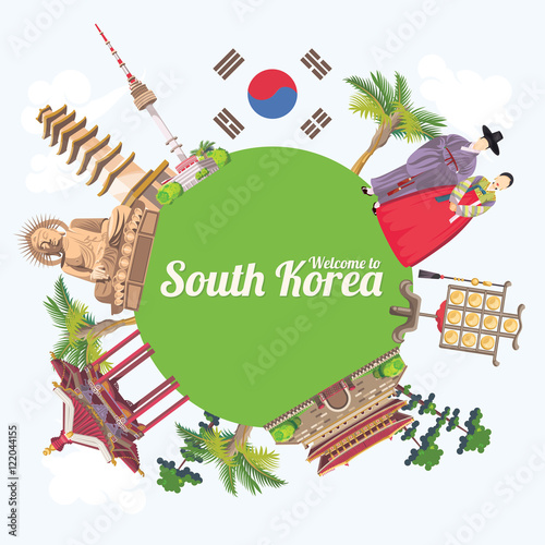 South Korea travel vecto poster with pagodas and traditional signs. Korea Journey card with korean objects.