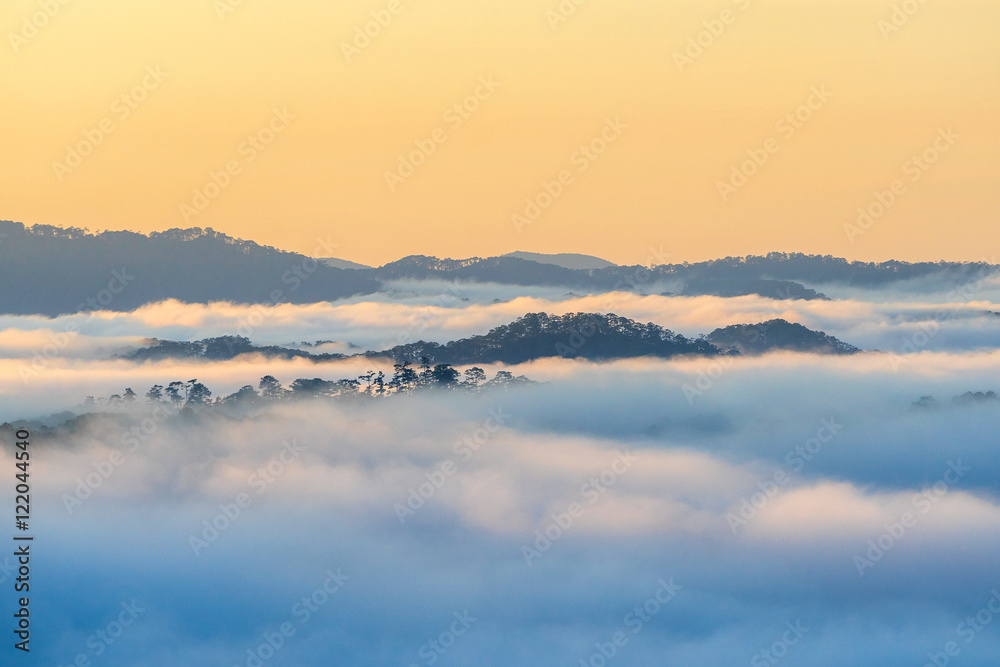 Naklejka premium Fog over mountain and forest on sunrise
