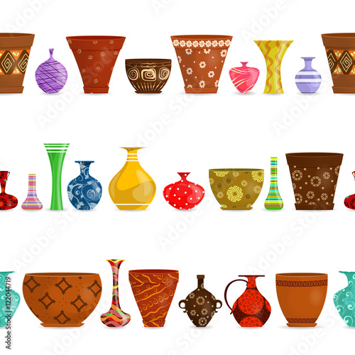 collection isolated seamless borders with ethnic flowerpots and