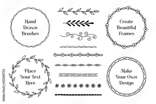 Set of hand drawn brushes and frames. Vector illustration.