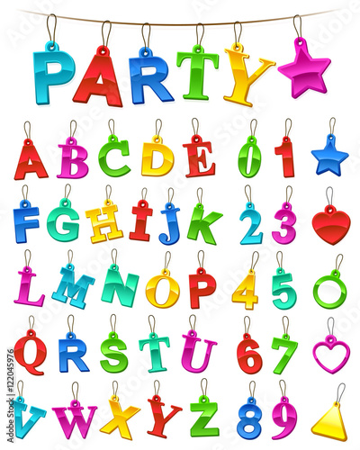 Complete festive party alphabet and numbers set with blank labels
