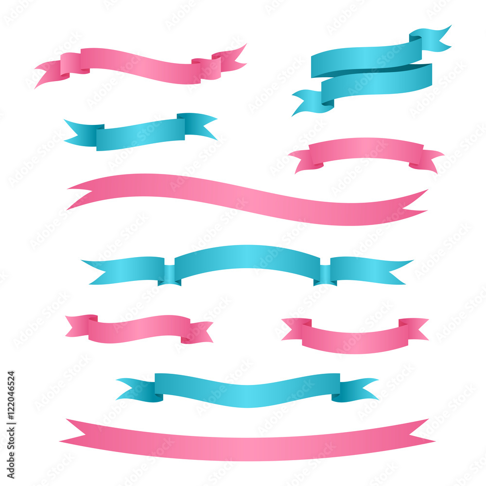 Blue and pink ribbon banners on white background. Vector illustration.