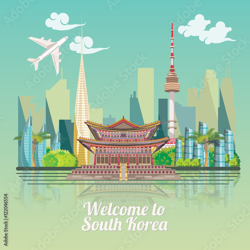 South Korea travel vecto poster with pagodas and traditional signs. Korea Journey card with korean objects.