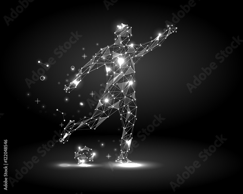 Abstract football player, kick a ball. Dots and lines connected. Sport. Vector.