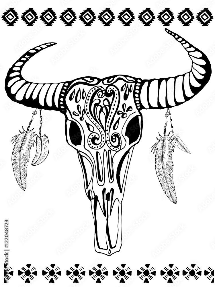 Buffalo skull with feathers and tribal decorative elements.. Hand drawn ...