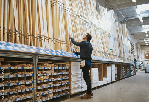 Cuadro en lienzo Young handyman selecting a length of cut timber