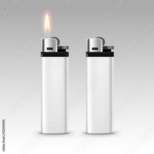 Vector Blank White Plastic Lighters with Flame Isolated on Background