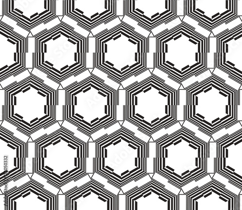 Black-and-white tones. Geometric patterns laid out on a hexagonal pattern