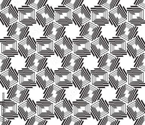 Black-and-white tones. Geometric patterns laid out on a hexagonal pattern