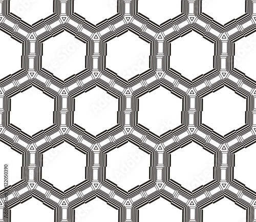 Black-and-white tones. Geometric patterns laid out on a hexagonal pattern
