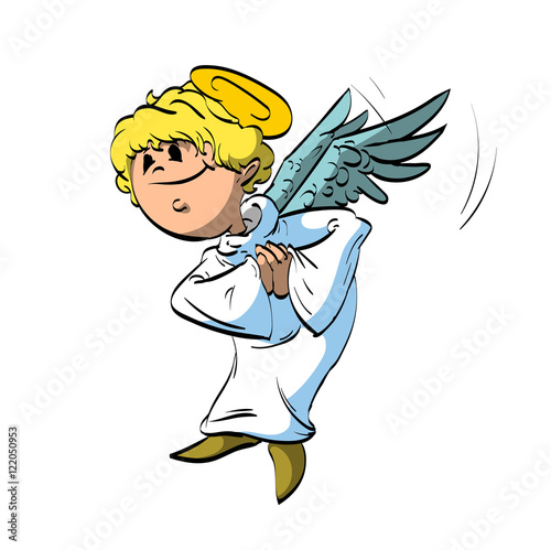 Colorful vector illustration of a cartoon angel with white robe and blonde hair