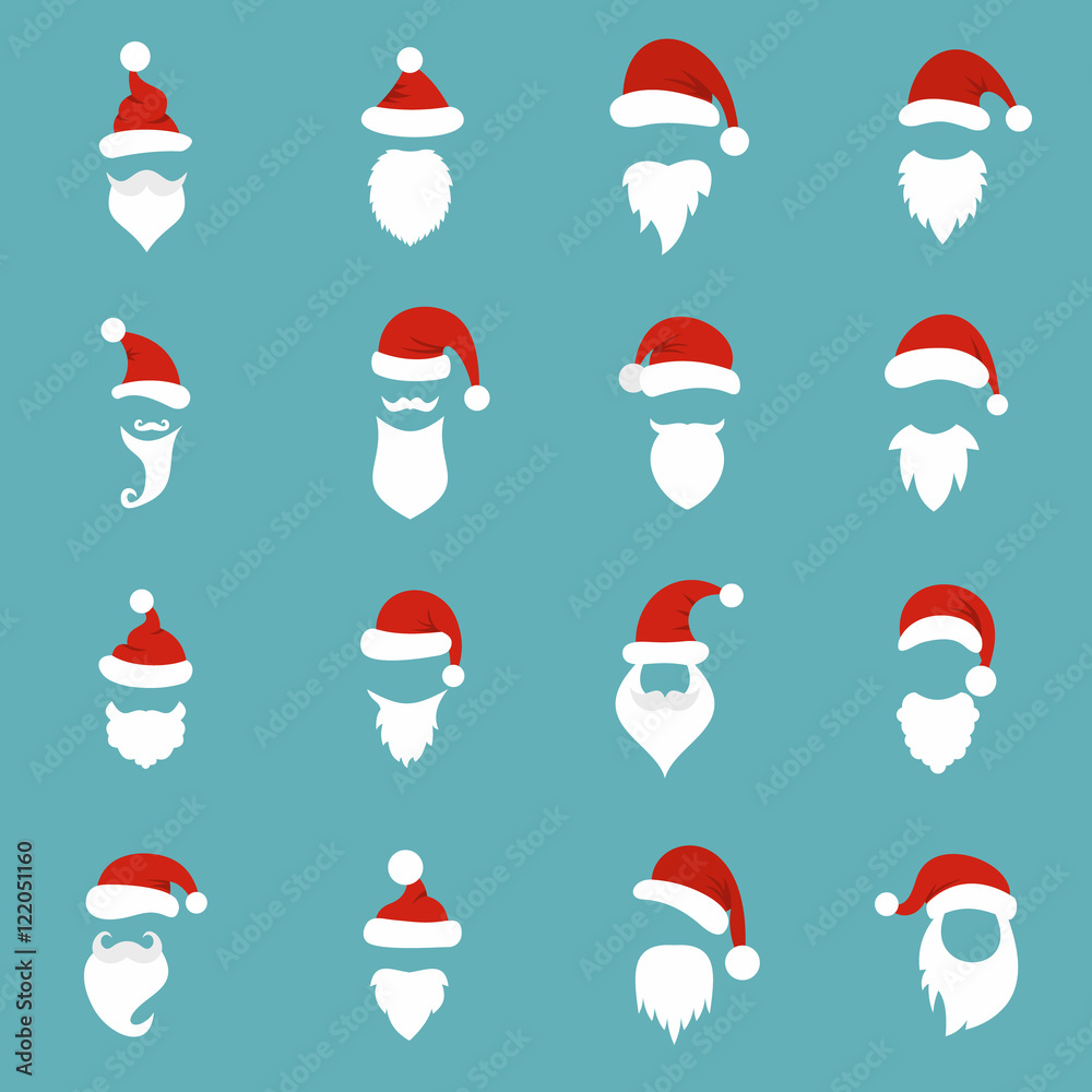Santa hats, mustache and beards icons set in flat style on a light blue background. Christmas elements set collection vector illustration